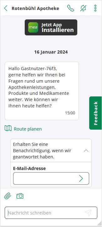 Screenshot der Kundenservice-Chat-Funktion der Rotenbühl Apotheke-App mit Service-Optionen wie Route planen und Benachrichtigungsfunktion.