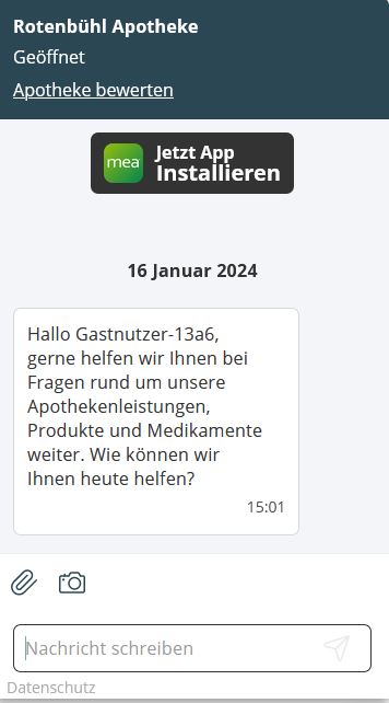 Screenshot der Kundenservice-Chat-Funktion der Rotenbühl Apotheke-App mit Service-Optionen wie Route planen und Benachrichtigungsfunktion. 